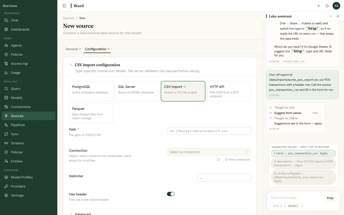 Ward has read a plain-English description of a POS export and returned three suggested form values, each with its own Apply button: the source name, a description, and the file path.