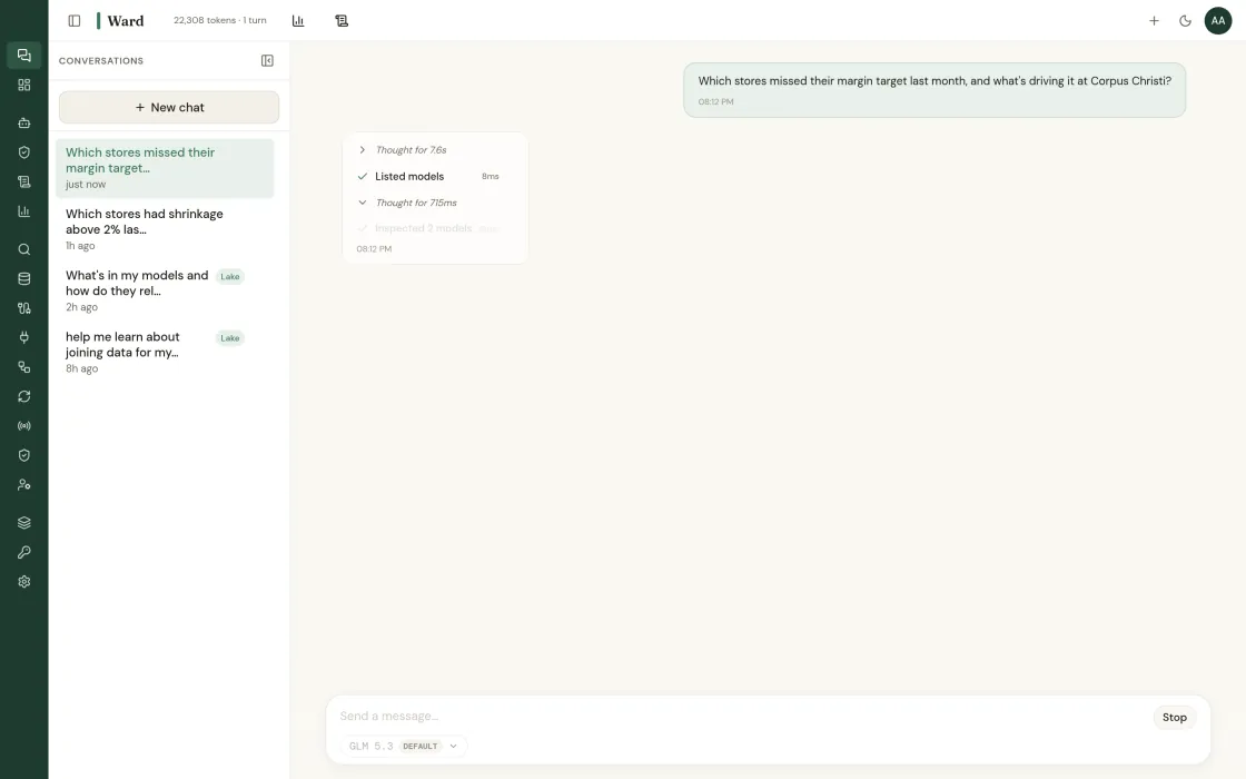 A question mid-answer in Ward chat, asking which stores missed their margin target last month and what is driving it at Corpus Christi, with the reasoning trace showing 7.6 seconds of thought, models listed in 8 milliseconds, and two models inspected in 16 milliseconds.
