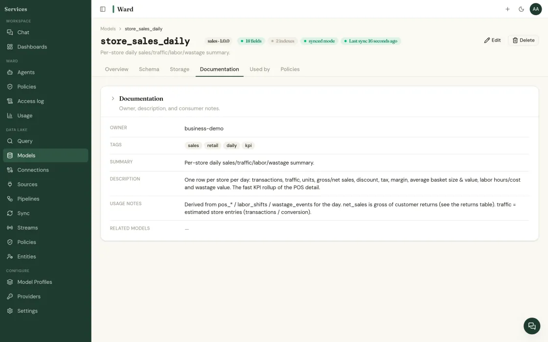 The Documentation tab of the store_sales_daily model: owner, tags, summary, a field-level description, and usage notes recording that net_sales is gross of customer returns and traffic is an estimate.
