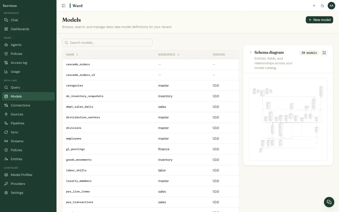 The Models list showing 29 model definitions with namespace and version columns across sales, inventory, master, finance and labor, beside a schema diagram card.