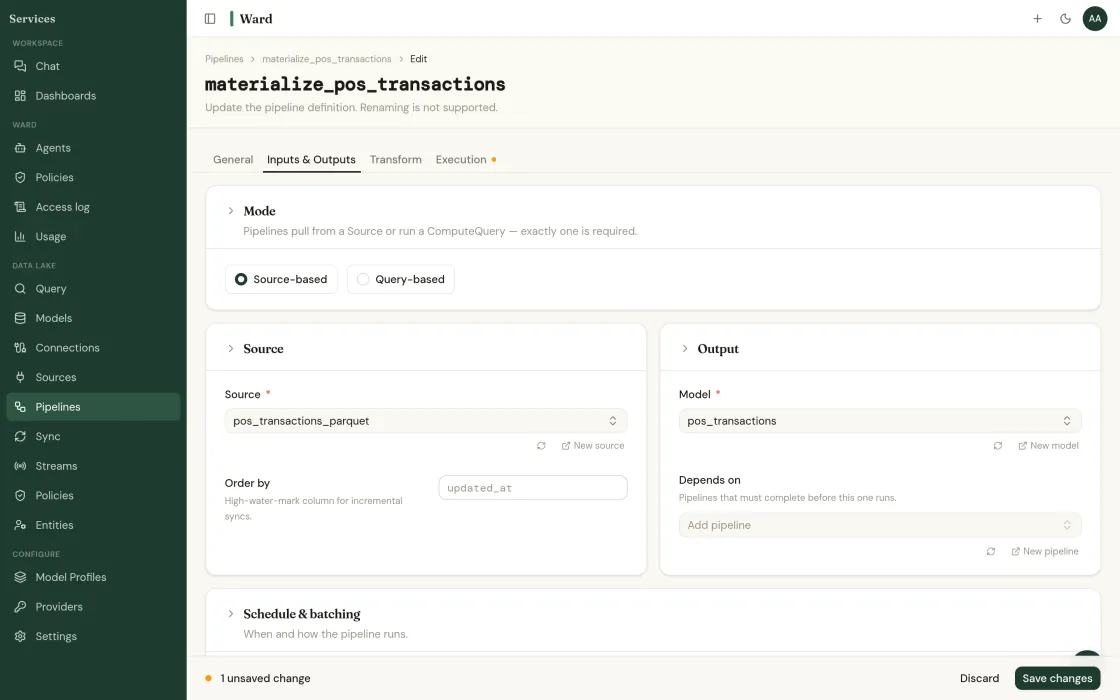The Inputs and Outputs tab of a Ward pipeline, mapping the pos_transactions_parquet source to the pos_transactions model, with updated_at set as the high-water-mark column for incremental syncs.
