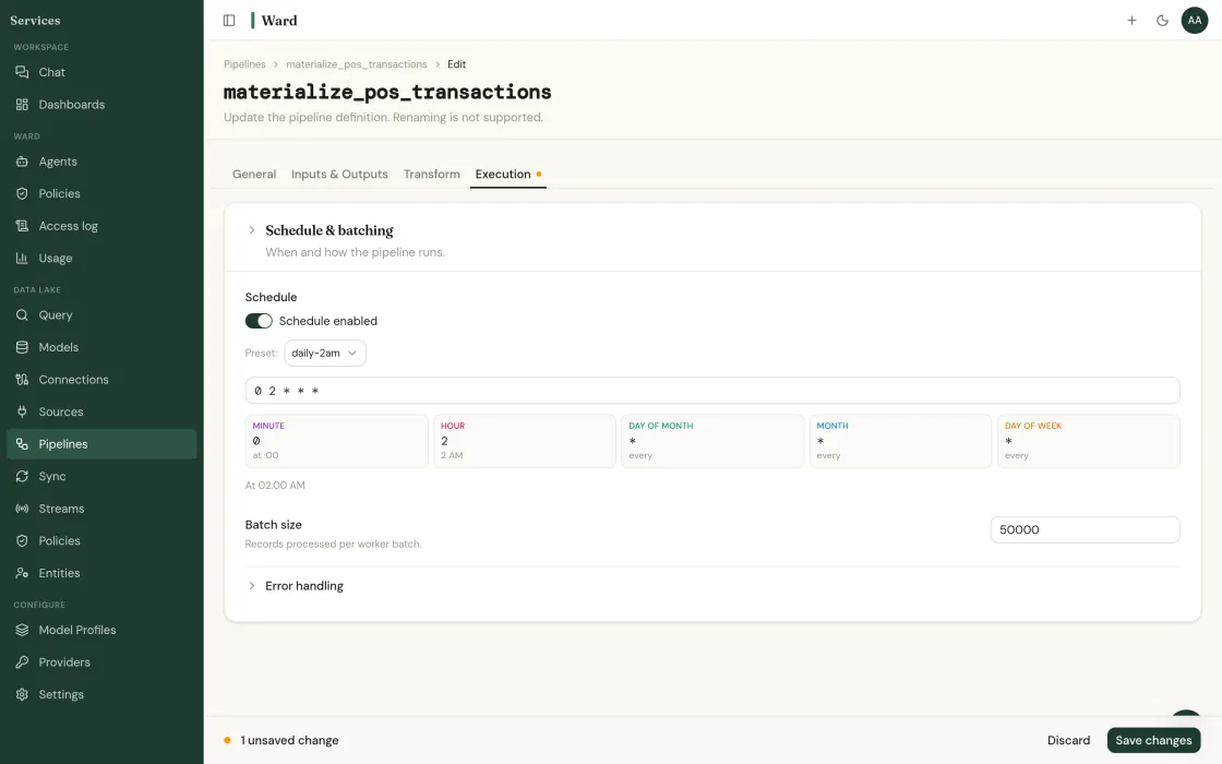 The Execution tab of the materialize_pos_transactions pipeline: schedule enabled on a daily-2am preset, expanded into its five cron fields, a batch size of 50,000 records, and one unsaved change pending.