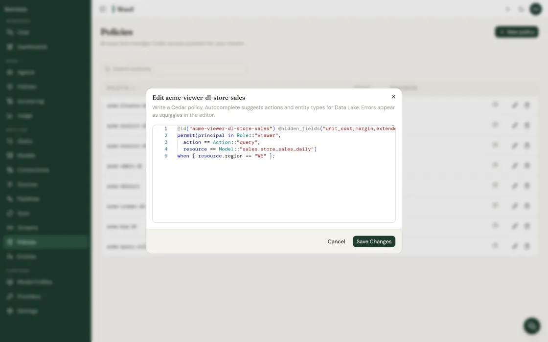 A Cedar policy open in Ward’s editor, permitting the viewer role to query the sales.store_sales_daily model when the region is WE, with unit_cost, margin and extended fields marked hidden.