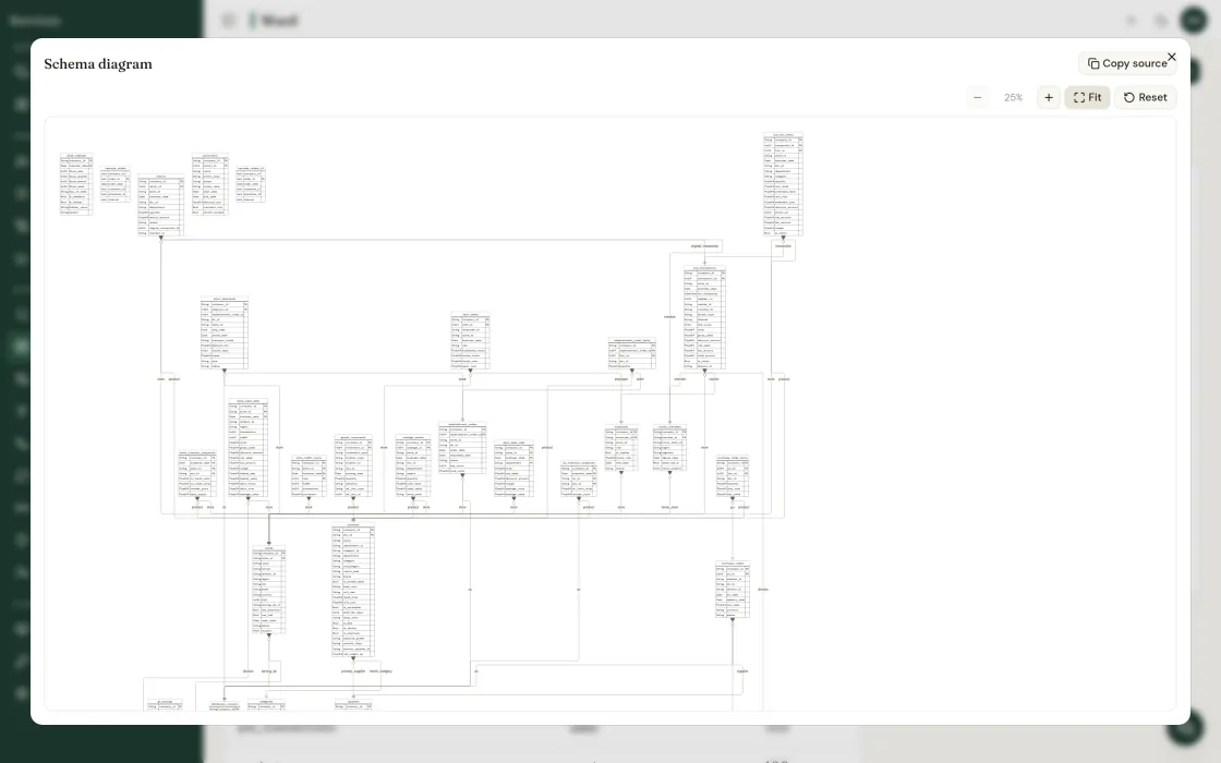 Ward’s schema diagram at full screen: 29 model tables with every field typed and the foreign keys drawn between them, zoomed out to 25 per cent to fit.