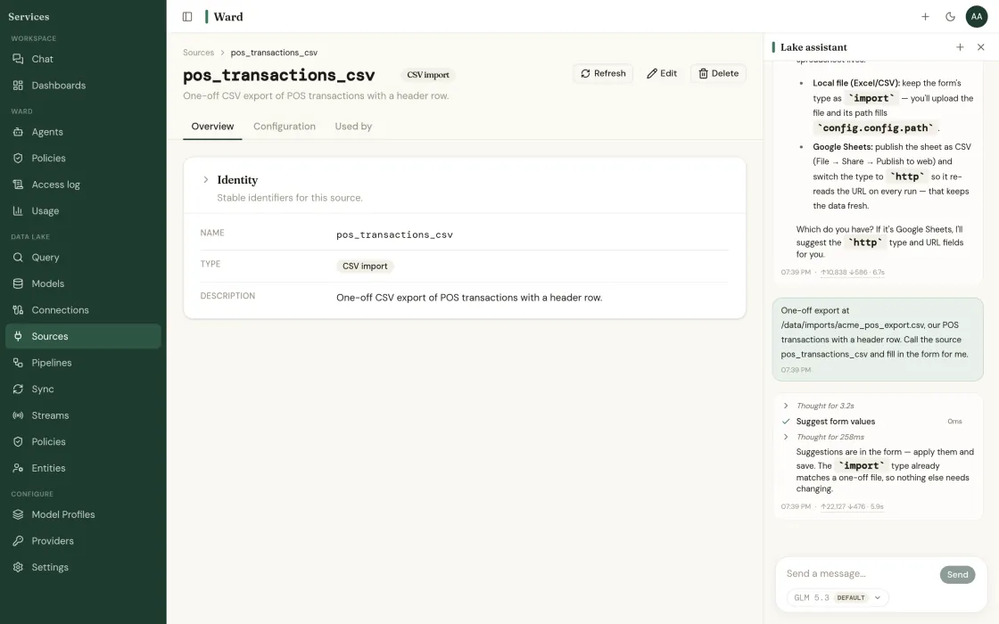 The pos_transactions_csv source after creation, showing its name, type and description, with the assistant transcript that produced it still open on the right.