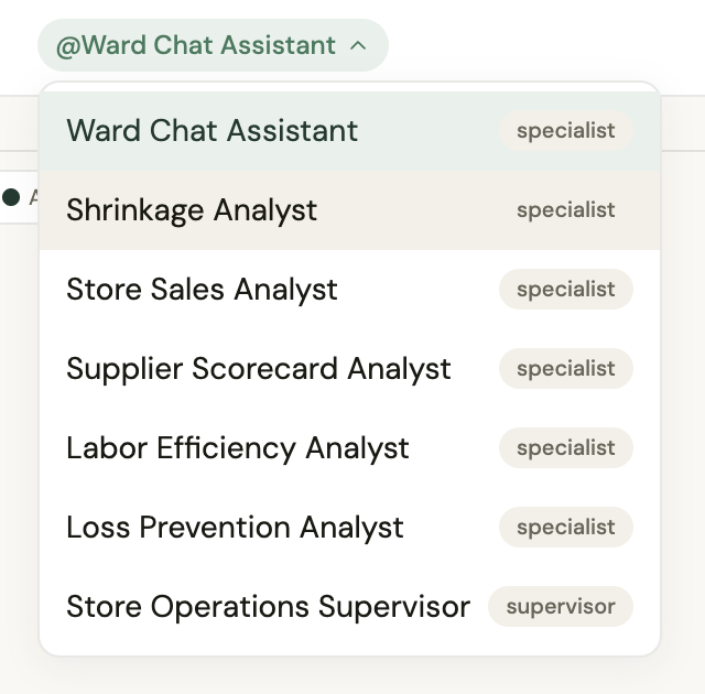 Ward specialist agent roster: Shrinkage Analyst, Store Sales Analyst, Supplier Scorecard, Loss Prevention, Labor Efficiency, Store Ops