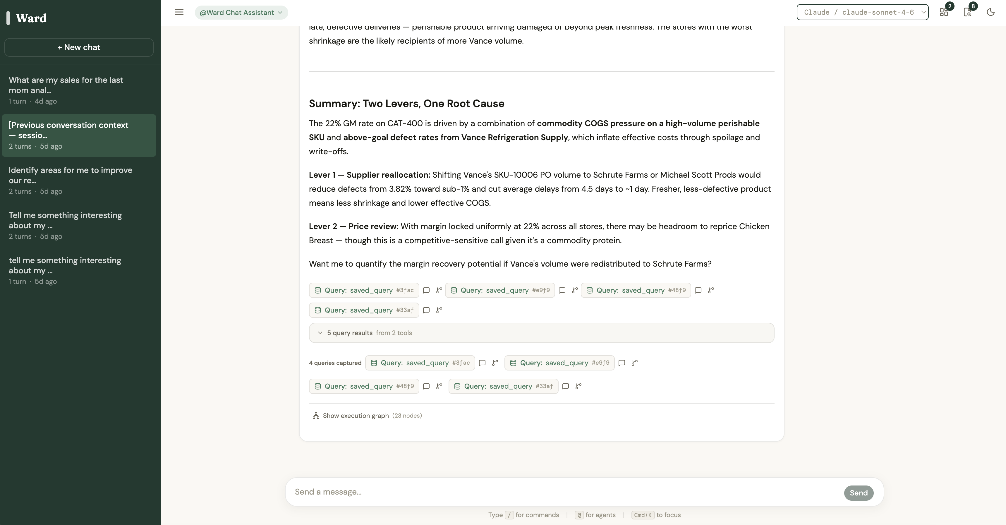Ward AI research: root cause analysis identifying two levers, multiple parallel queries cited